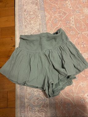 Altar'd State Sage Green Smocked Ruffle Shorts